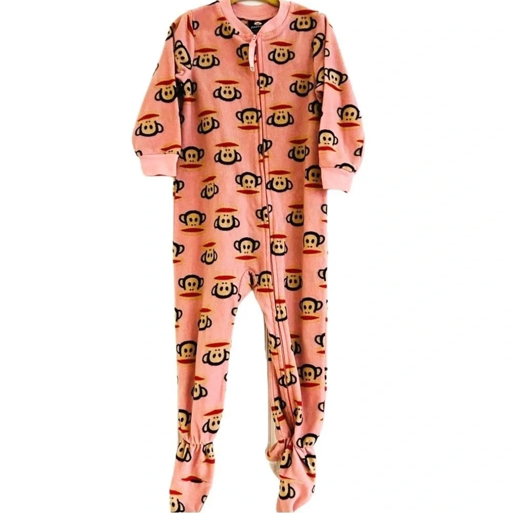 PAUL FRANK “Julius” Monkey Print Kids Pink Fleece Footed Pajama Onesie - Picture 2 of 6